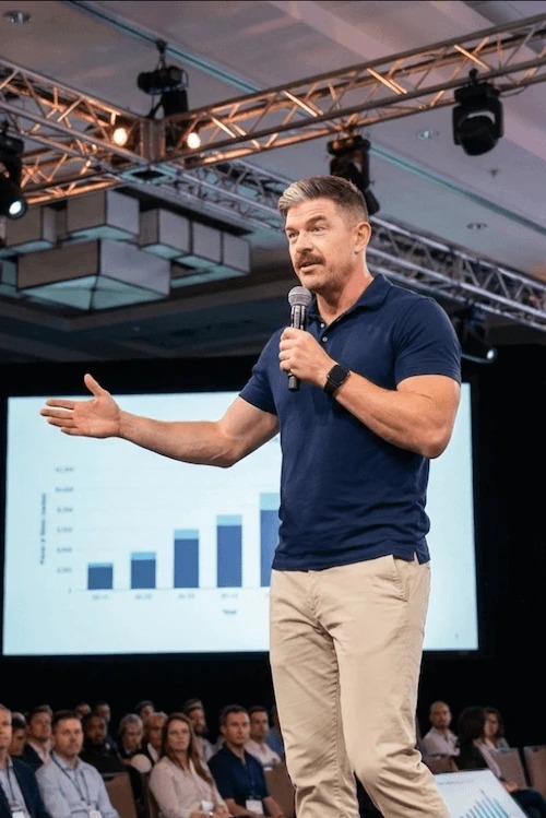 Bradley Pounds presenting on stage in front of a seated audience